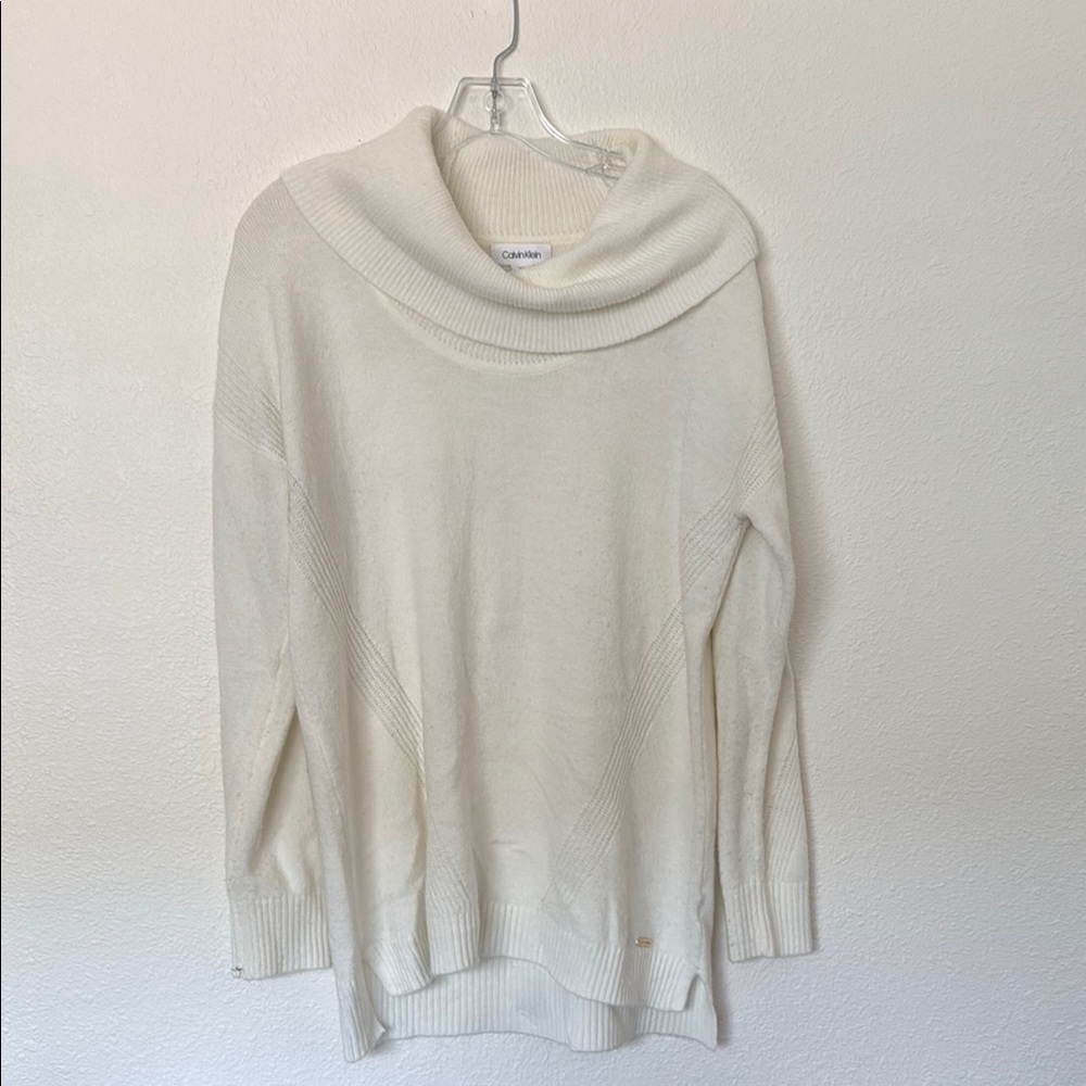 Calvin Klein Cream Cowl Neck Sweater with Ribbed Detailing